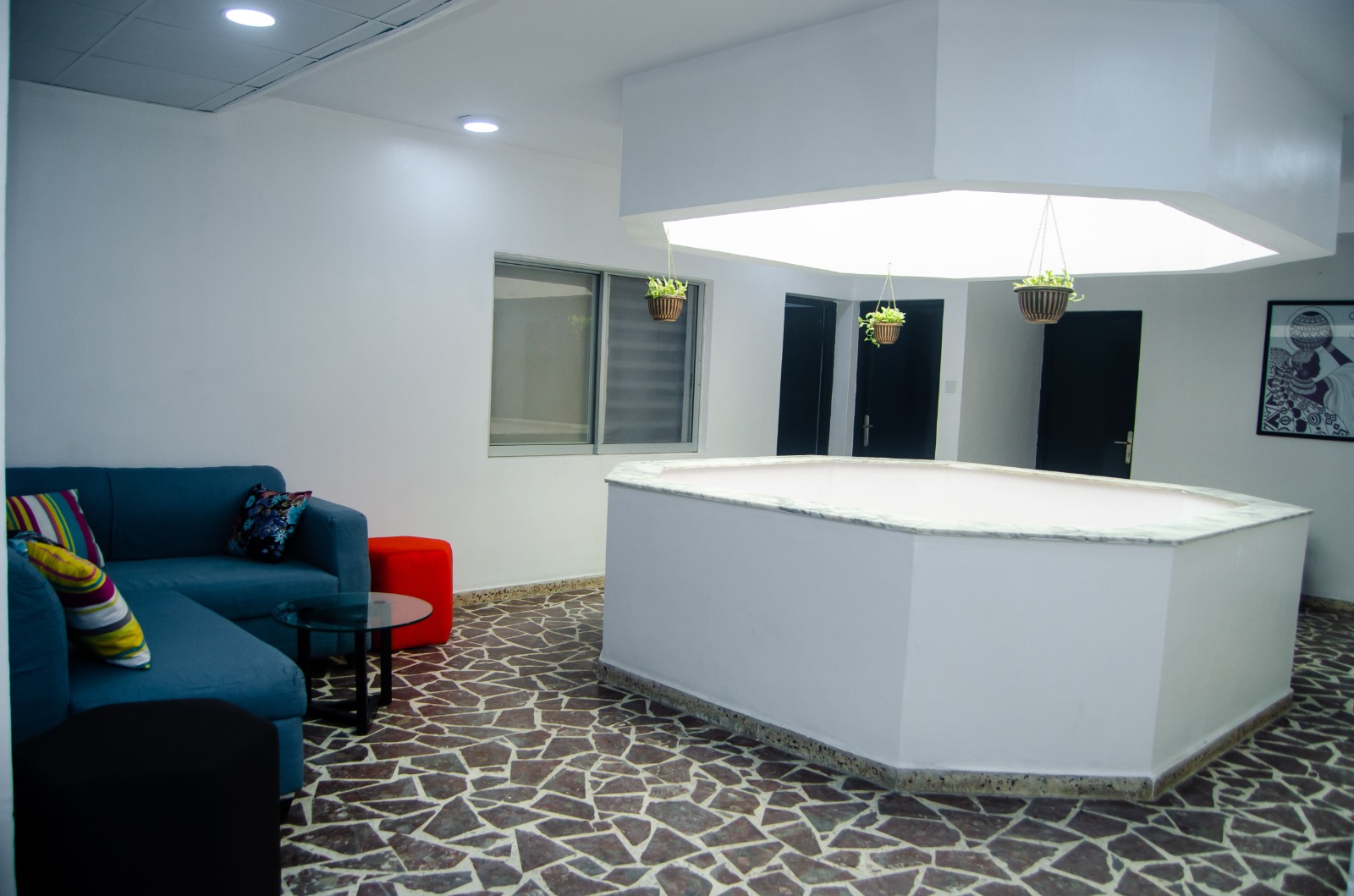 Reception and lounge area inside 33B Flexible Offices